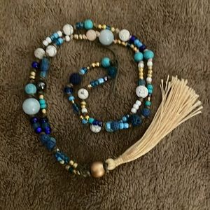 Handmade Artisan Short Boho Tassel Necklace w New & Upcycled Beads Blue & Gold